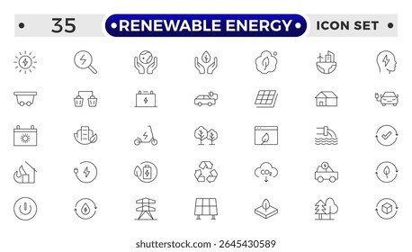 Renewable energy Outline icon set. Energy, efficiency, solar energy, green, sunlight, wind, and water outline icon collection. UI thin outline icon pack.
