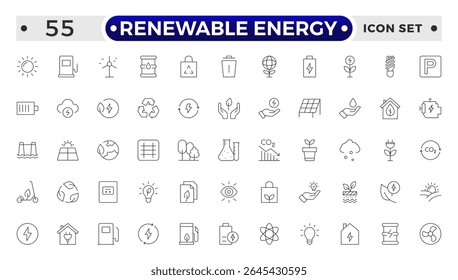 Renewable energy Outline icon set. Energy, efficiency, solar energy, green, sunlight, wind, and water outline icon collection. UI thin outline icon pack.
