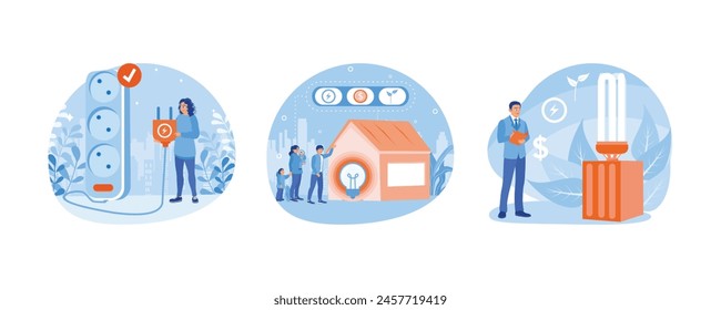 Renewable energy. People reduces electricity use. Energy-saving light bulb. Energy consumption concept. Set flat vector illustration.