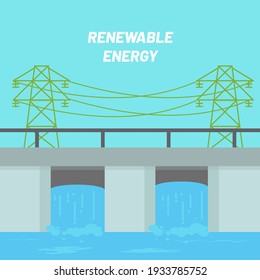 Renewable Energy Poster Design With Transmission Towers Over Bridge On Sky Blue Background.