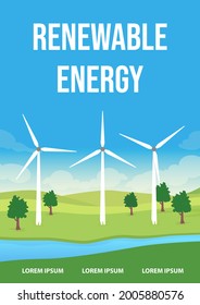 Renewable Energy Poster Flat Vector Template. Electricity Generation. Brochure, Booklet One Page Concept Design With Cartoon Landscape. Windmill Equivalent. Wind Farm Flyer, Leaflet With Copy Space