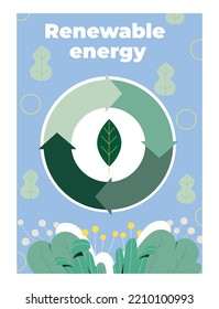 Renewable Energy Poster. Production And Processing, Infographics. Zero Waste Concept. Caring For Nature And Ecology, Environment. Responsible Society And Eco Friendly. Cartoon Flat Vector Illustration