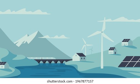 Renewable energy power concept. Environment friendly industry. Wind electricity generators, solar panels and electric train in nature landscape. Flat vector illustration EPS10
