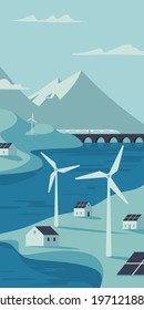 Renewable energy power concept. Environment friendly industry. Wind electricity generators, solar panels and electric train in nature landscape. Vertical banner. Flat vector illustration EPS10