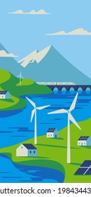 Renewable energy power concept. Environment friendly industry. Wind electricity generators, solar panels and electric train in nature landscape.  Vertical banner. Flat vector illustration EPS10