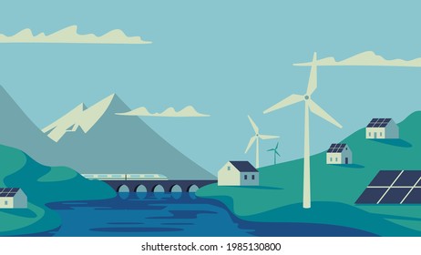 Concepto de energía renovable. Industria respetuosa con el medio ambiente. Generadores de electricidad eólica, paneles solares y trenes eléctricos en el paisaje natural. Ilustración vectorial plana EPS10