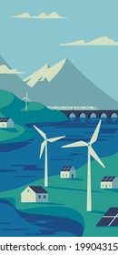 Renewable energy power concept. Environment friendly industry. Wind electricity generators, solar panels and electric train in nature landscape. Flat vector illustration EPS10