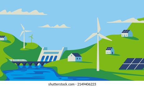 Renewable energy power concept. Environment friendly industry. Wind electricity generators, dam, solar panels and electric train in nature landscape. Flat vector illustration EPS10