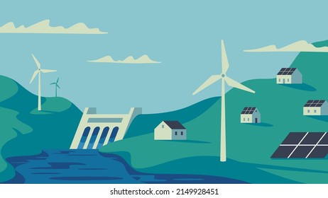 Renewable energy power concept. Environment friendly industry. Wind electricity generators, dam and solar panels in nature landscape. Flat vector illustration EPS10
