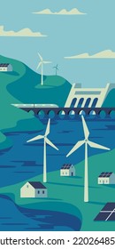 Concepto de energía renovable. Industria respetuosa con el medio ambiente. Generadores de electricidad eólica, presas, paneles solares y trenes eléctricos en el paisaje natural. Ilustración vectorial plana EPS10