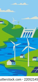 Renewable energy power concept. Environment friendly industry. Wind electricity generators, dam and solar panels in nature landscape. Flat vector illustration EPS10