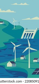 Renewable energy power concept. Environment friendly industry. Wind electricity generators, dam and solar panels in nature landscape. Flat vector illustration EPS10