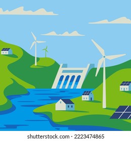 Renewable energy power concept. Environment friendly industry. Wind electricity generators, dam, solar panels and electric train in nature landscape. Square flat vector illustration EPS10