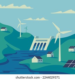 Renewable energy power concept. Environment friendly industry. Wind electricity generators, dam and solar panels in nature landscape. Flat vector illustration EPS10