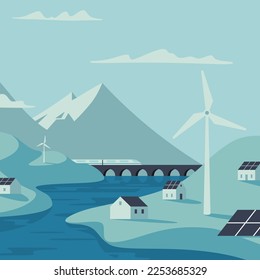 Renewable energy power concept. Environment friendly industry. Wind electricity generators, solar panels and electric train in nature landscape. Flat vector illustration EPS10