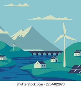 Renewable energy power concept. Environment friendly industry. Wind electricity generators, solar panels and electric train in nature landscape. Flat vector illustration EPS10
