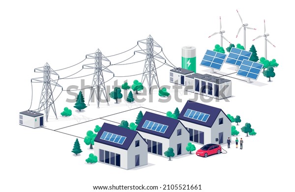 Renewable energy power distribution with family\
house residence buildings, solar panel plant station, wind and high\
voltage electricity grid pylons, electric transformer. Smart\
virtual battery\
storage