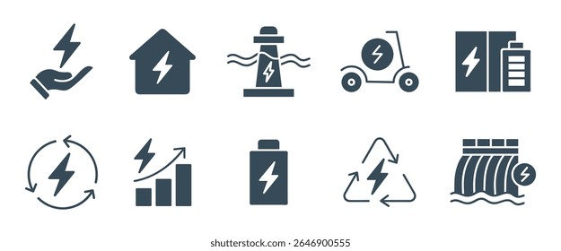 Renewable Energy and Power Generation Glyph Icons Set - Sustainable Electricity and Eco-Friendly Vector Icons