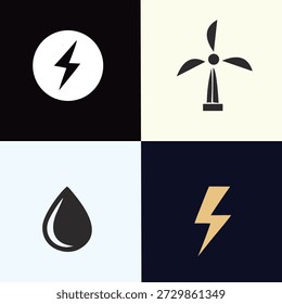 Energía renovable y generación de energía Icon Set Símbolos eólicos, hidroeléctricos y eléctricos para Tecnología verde y sostenibilidad