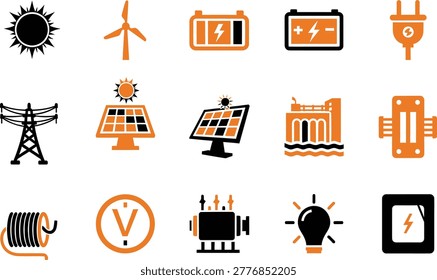 Renewable energy power generation icons set with electrical equipment