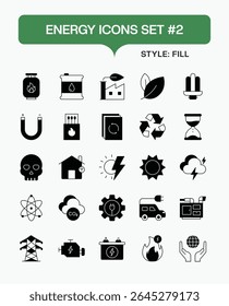 Renewable Energy and Power Generation Vector Icons Set – Fill Style