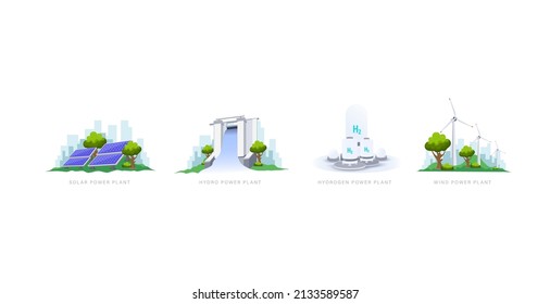 Renewable Energy Power Plant Resources With Solar, Hydro, Hydrogen And Wind Source Types Collection Vector.