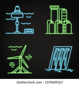 Renewable Energy Production Neon Icon Set. Wave Energy, Hydrogen Plant, Water Turbine, Hydroelectric Station Symbols. Vector Illustration.