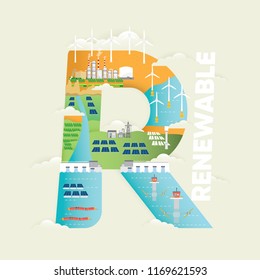 Renewable energy in r letter with hydro, wind, wave, tidal and solar energy