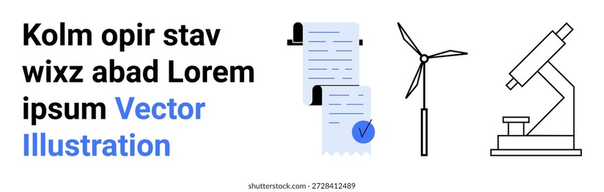 Energias renováveis, investigação, serviços de verificação, autenticidade de dados, tecnologia científica, conceitos de inovação. Turbina eólica, documento com marca de verificação e microscópio. Energias renováveis e dados científicos