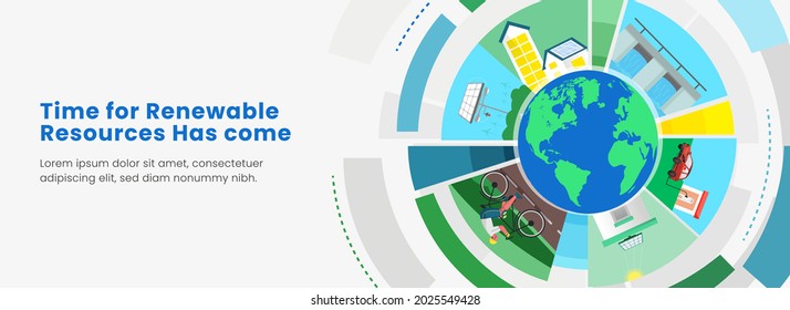 Renewable Energy Resources Examples With Earth Globe Illustration On White Background. Header Or Banner Design.