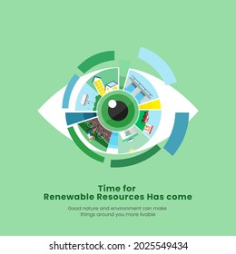 Renewable Energy Resources Examples With Eye View On Green Background For Awareness Concept.