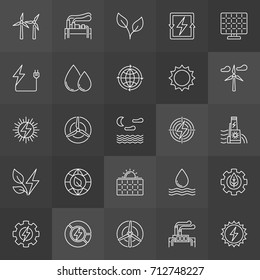 Renewable energy resources icons. Vector collection of wind, solar, hydro, green energy outline signs on dark background