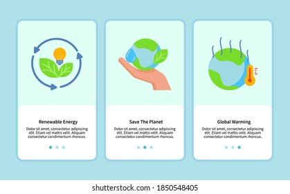 Erneuerbare Energien sparen den Planeten vor der globalen Erwärmung durch Onboarding für mobile App-Vorlagen im Web mit flachem Stil