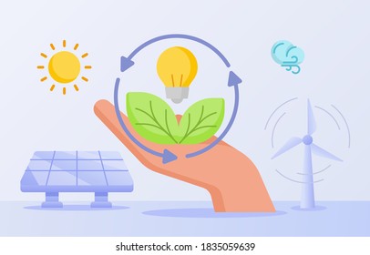 Renewable energy saving hand hold leaf light bulb lamp wind sun energy solar panel white isolated background with flat style