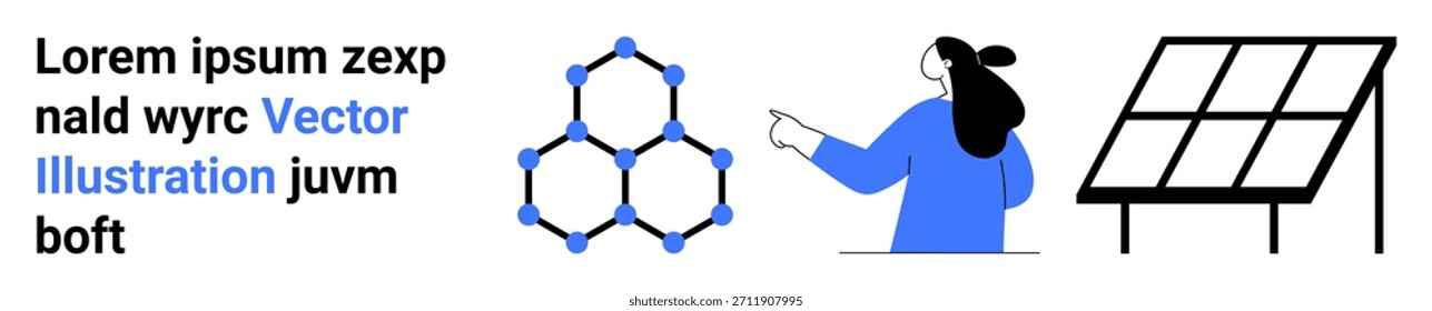 Energía renovable, exploración científica, tecnología, educación, trabajo en equipo, comunicación visual. Una mujer gesticulando hacia una estructura molecular hexagonal y un panel solar. Energías renovables y ciencia