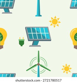 Patrón transparente de energía renovable con paneles solares, turbinas eólicas y bombillas. Fondo de Vector plano para informes de tecnología verde, proyectos de RSE e innovaciones de energía ambiental.
