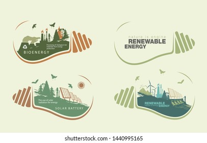 Renewable energy set of earth in bulb. The concept of ecology