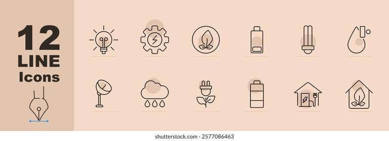 Renewable energy set icon Bulb, gear, leaf, battery, CFL bulb, water conservation, eco plug, solar, house charging, eco home. Renewable, sustainable, power
