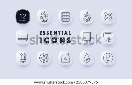 Renewable energy set icon. Earth, database, electricity, prohibition, air conditioning, tablet, water, energy-efficient, LED, smart home, sustainable resources