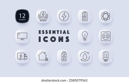 Renewable energy set icon. Electricity, battery, atom, light bulb, power socket, smart home, electric truck, hydro energy, alternative power, LED, digital infrastructure, energy efficiency