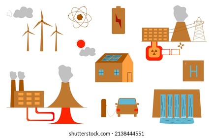 Renewable energy. Set of illustrations showing methods of energy production from natural sources.