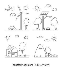 Renewable energy. Set of landscapes. Line vector illustration.