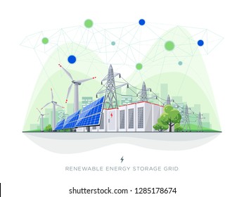 Renewable energy smart grid blockchain connected system. Flat vector illustration of solar panels, wind turbines, battery storage, high voltage electricity power transmission grid and city skyline. 