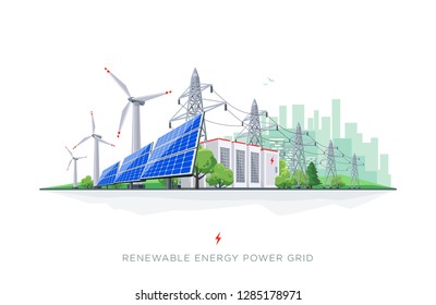 Renewable energy smart power grid system. Flat vector illustration of solar panels, wind turbines, battery storage, high voltage electricity power transmission grid and city skyline. 