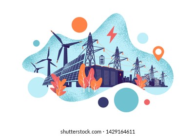 Renewable Energy Smart Power Grid System Concept. Modern Grain Style Vector Illustration Solar Panels, Wind Turbines, Battery Storage, High Voltage Electricity Power Transmission Grid And Clean City.