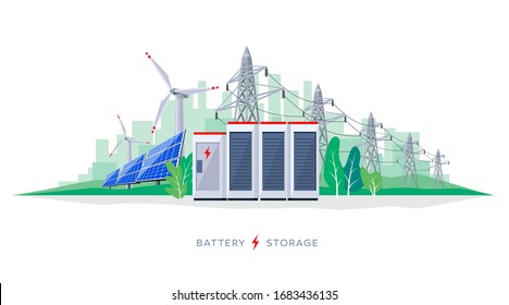 Renewable energy smart power grid system. Flat vector illustration of solar panels, wind turbines, battery storage, high voltage electricity power transmission grid and city skyline. 