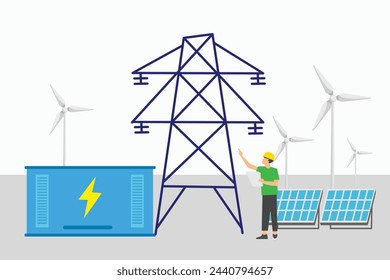 Renewable energy smart power grid system. Flat vector illustration of solar panels, wind turbines, battery storage, high voltage electricity power transmission grid.