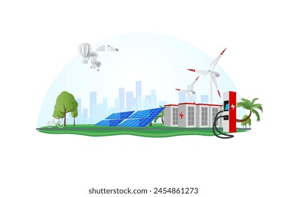 Renewable energy smart power grid system. Flat vector illustration of solar panels, wind turbines, battery storage, high voltage electric power transmission grid and city skyline.