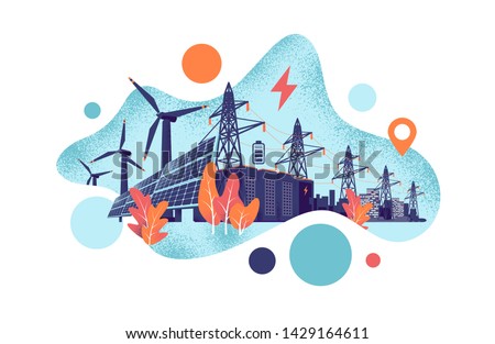 Renewable energy smart power grid system concept. Modern grain style vector illustration solar panels, wind turbines, battery storage, high voltage electricity power transmission grid and clean city.