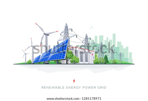 Renewable\
energy smart power grid system. Flat vector illustration of solar\
panels, wind turbines, battery storage, high voltage electricity\
power transmission grid and city skyline.\

